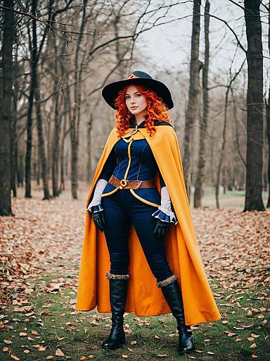 Woman in Fantasy Costume with Orange Cape in Autumn Forest