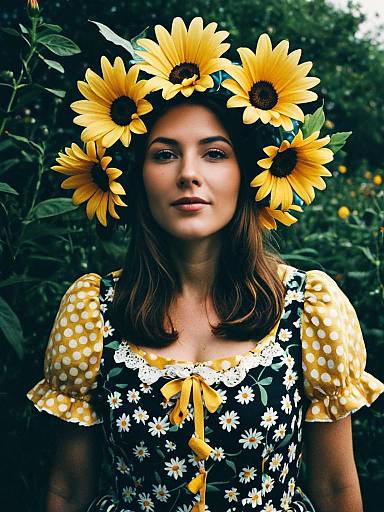 Woman in Flower Costume Playful Whimsical Portrait with Sunflower Headpiece