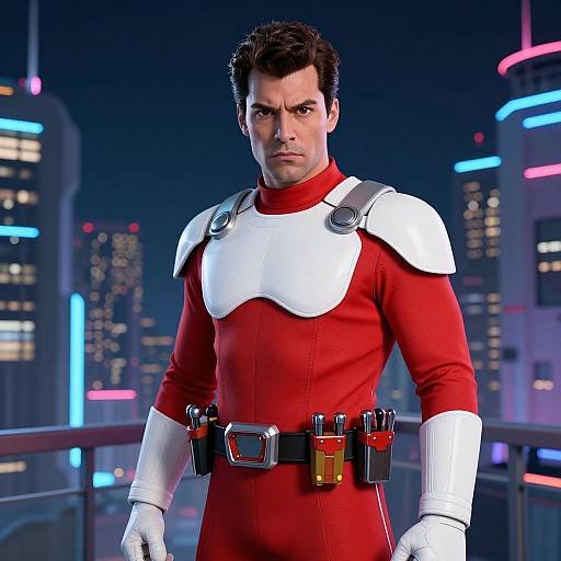 Futuristic Man in Red and White Sci-Fi Suit on Cyberpunk City Balcony