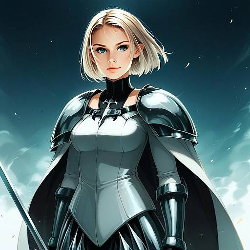 Illustrated Woman in Medieval Armor with Sword and Cape