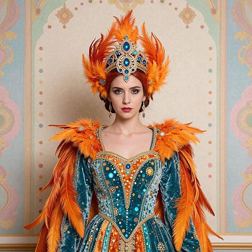 Woman in Ornate Renaissance-Inspired Costume with Orange Feathers and Gemstones