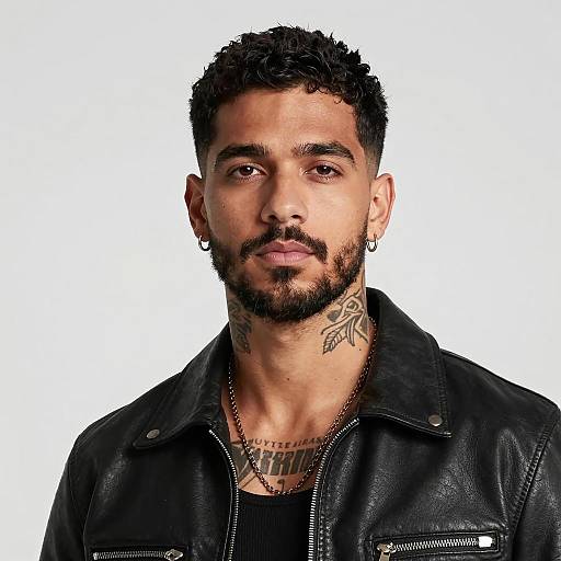 Portrait of Man with Curly Hair and Tattoos Wearing Black Leather Jacket