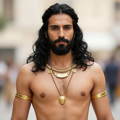 Portrait of Man Wearing Ancient Style Gold Jewelry with Beard and Long Hair
