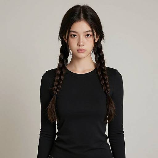 Portrait of Young Woman with Braided Hair in Black Shirt