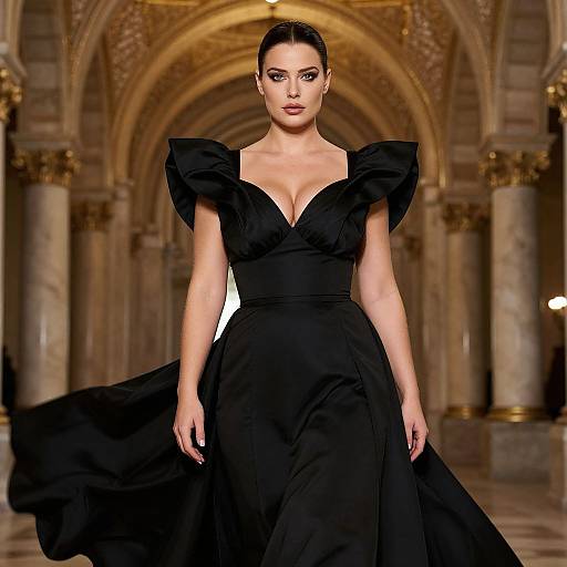 Elegant Woman in Dramatic Black Evening Gown in Luxurious Architectural Setting