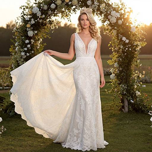 Elegant Woman in Lace Wedding Dress Outdoors Under Floral Arch