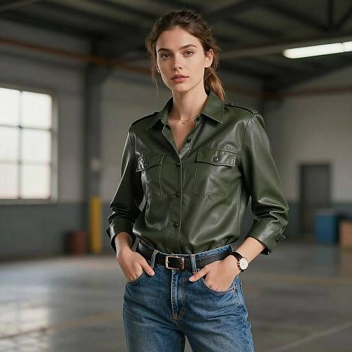 Woman in Olive Green Leather Shirt and Blue Jeans Fashion Portrait