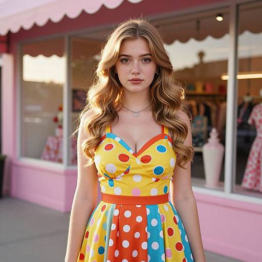 Young Woman in Colorful Polka-Dot Dress Standing Outdoors