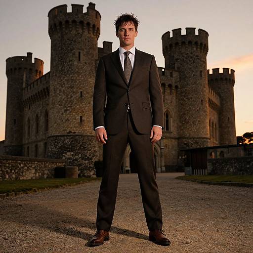 Man in Dark Tailored Suit Standing in Front of Medieval Stone Castle at Sunset