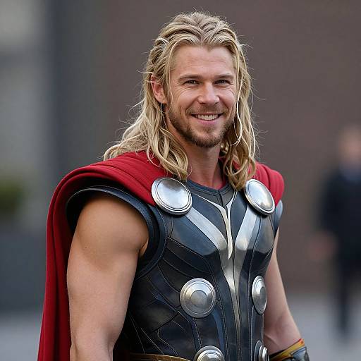 Man Dressed as Thor Superhero with Blonde Hair and Red Cape