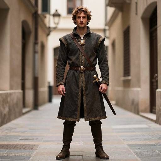 Elite Renaissance Prince Man in Medieval Costume Standing in Alley