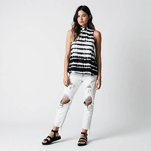 Woman Wearing Black and White Tie-Dye Sleeveless Top with Ripped White Jeans Casual Streetwear