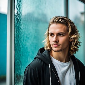 Thoughtful Young Man by Glass Window