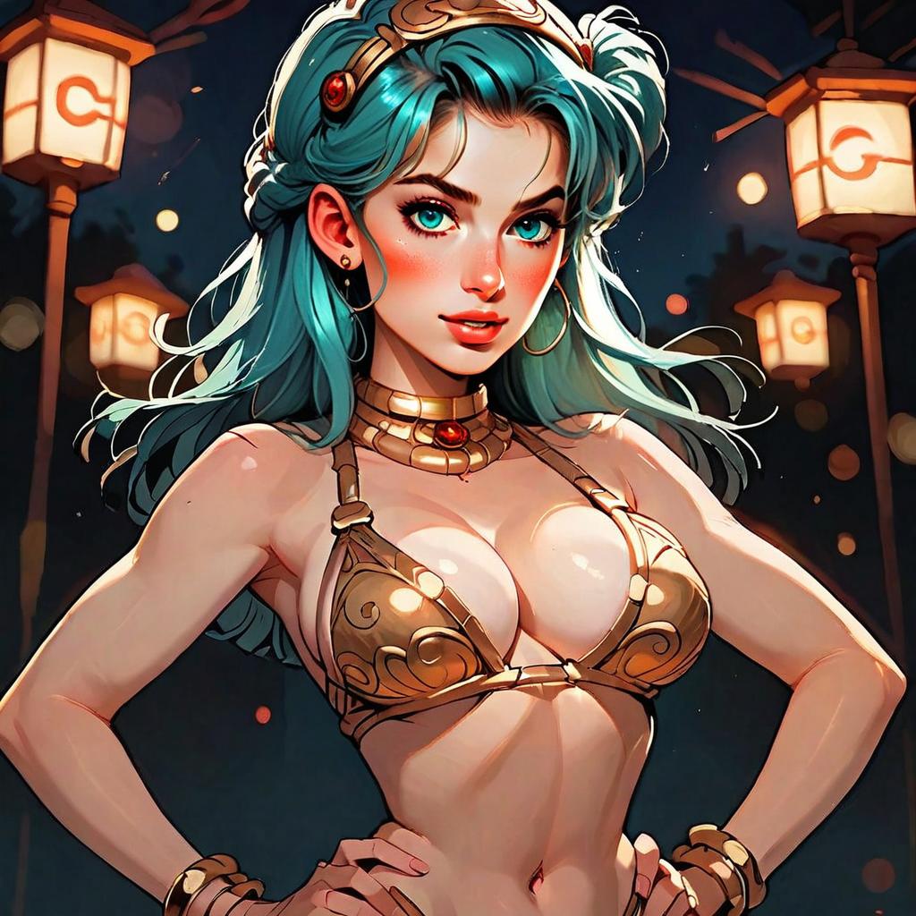 Fantasy Woman with Turquoise Hair in Gold Bikini Digital Art