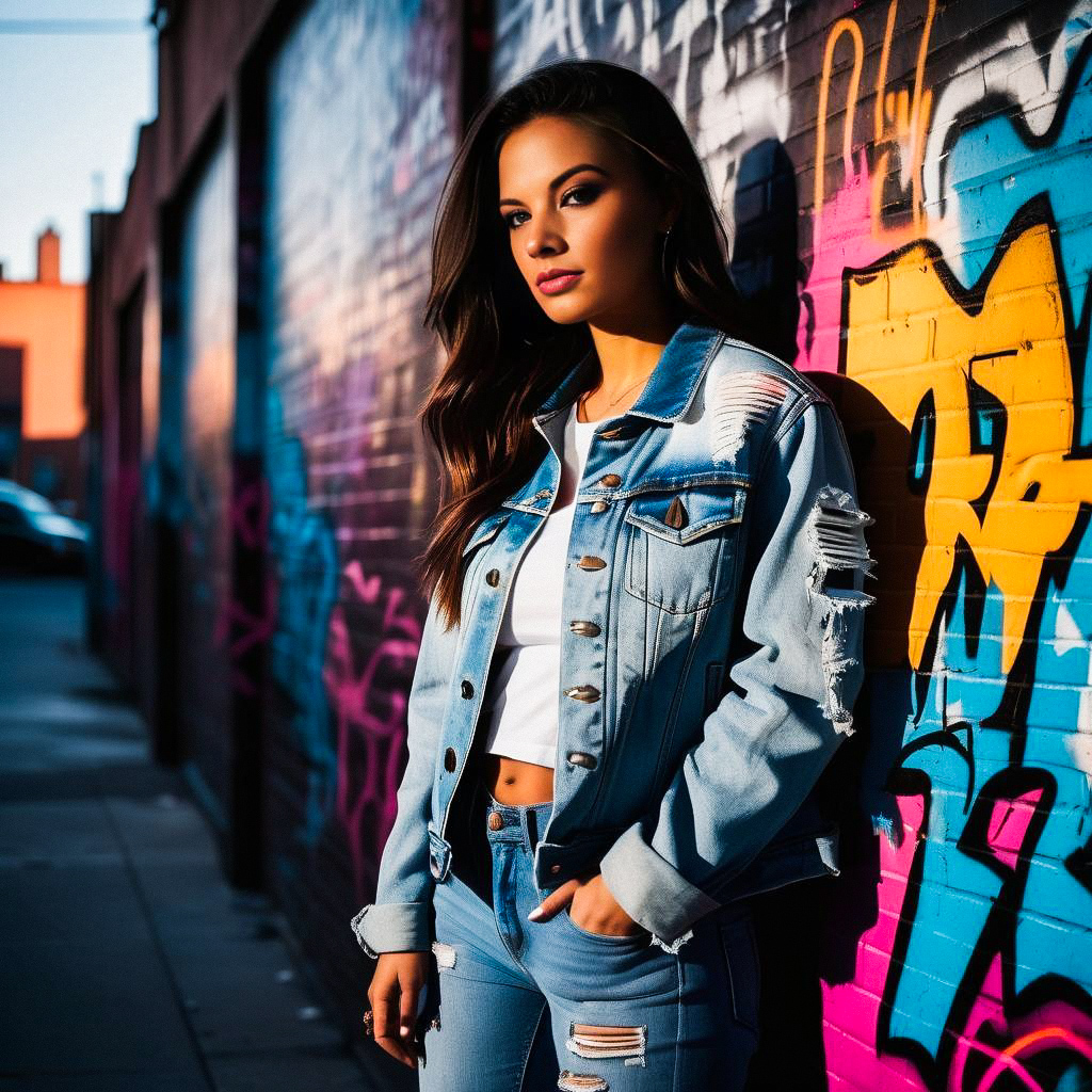 Stylish Woman in Ripped Denim Against Graffiti Wall Stylish Woman in Ripped Denim Against Graffiti Wall