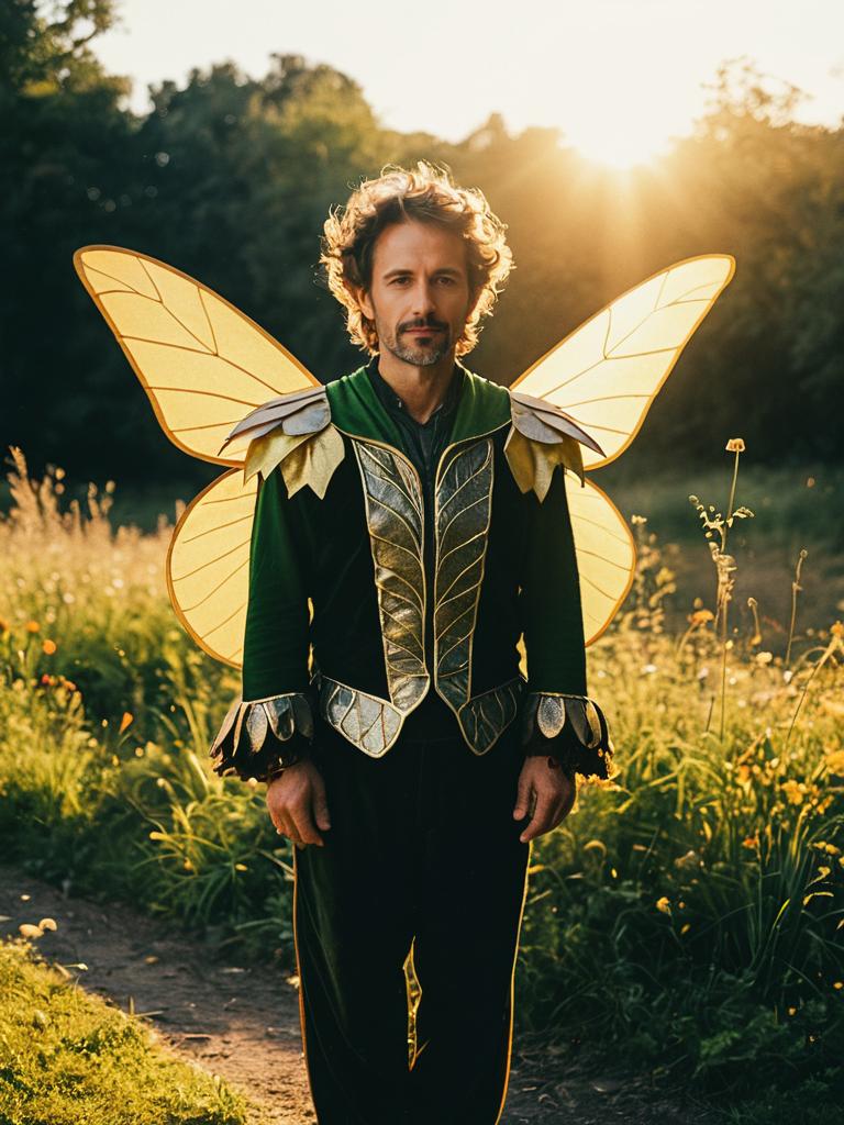 Man in Fairy Costume Photorealistic Outdoor Portrait in Golden Hour Light
