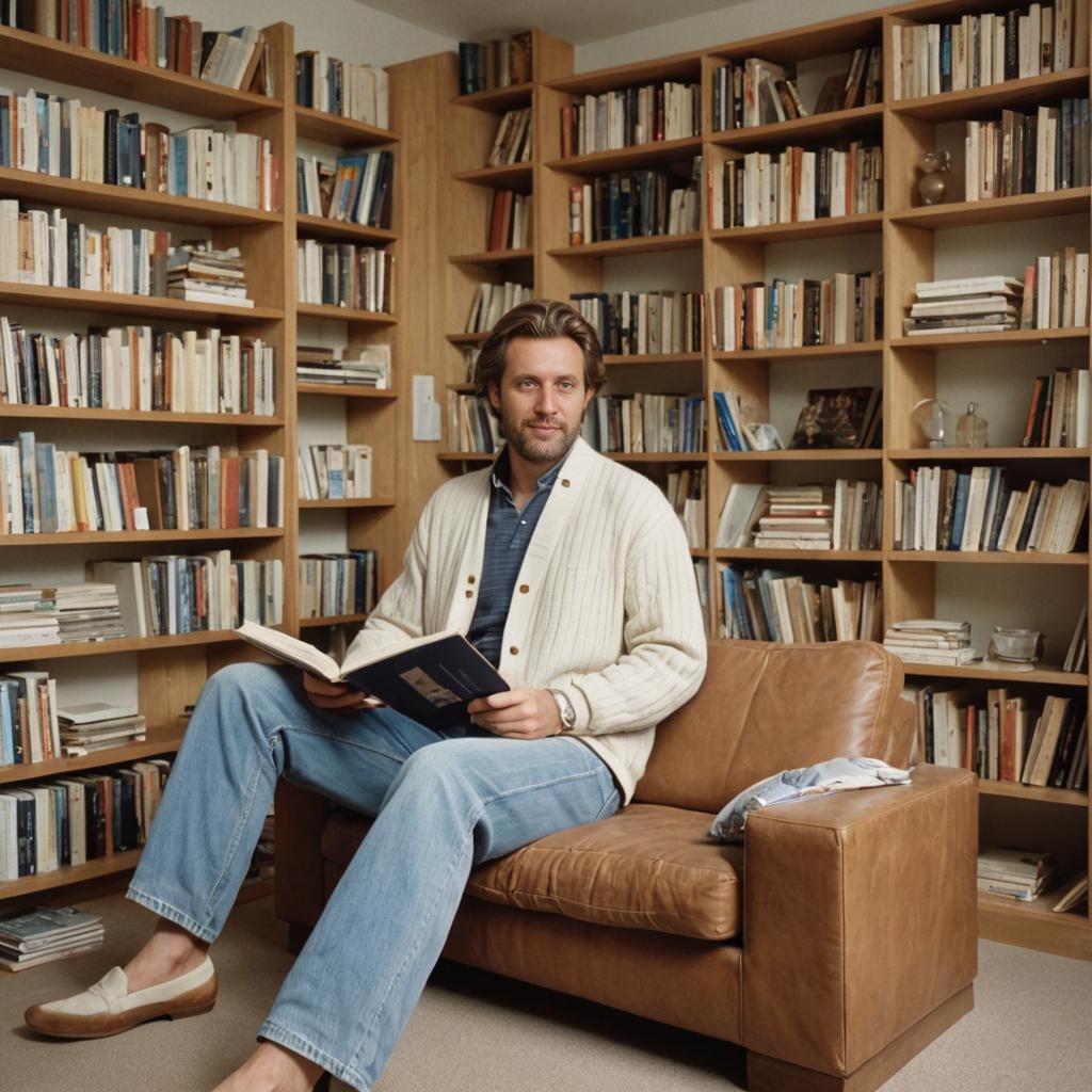 Relaxed Man in Leather Armchair Reading in Cozy Library