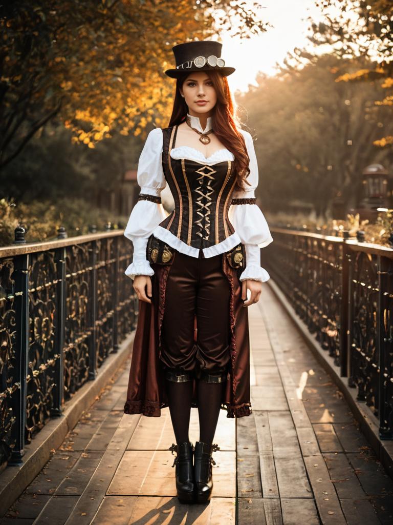 Woman in Steampunk Lady Costume Full Body Cosplay Photo with Corset