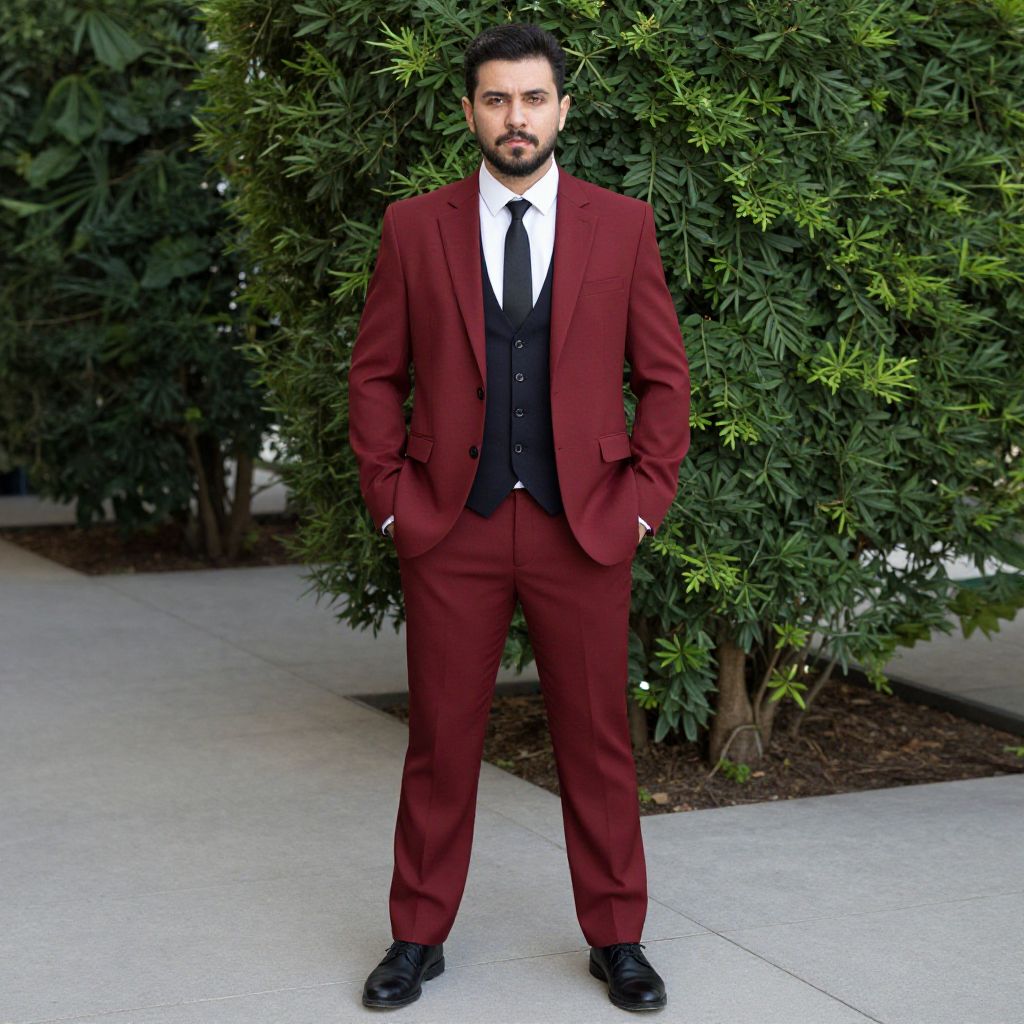 Confident Man in Maroon Suit with Black Vest Outdoors