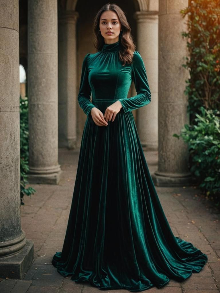 Elegant Woman in Green Velvet Gown