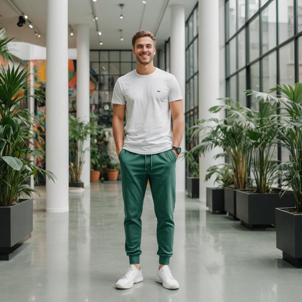 Confident man in casual attire in a plant-filled atrium