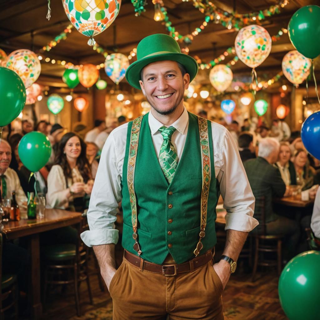 Cheerful man in traditional green attire for St. Patrick's day