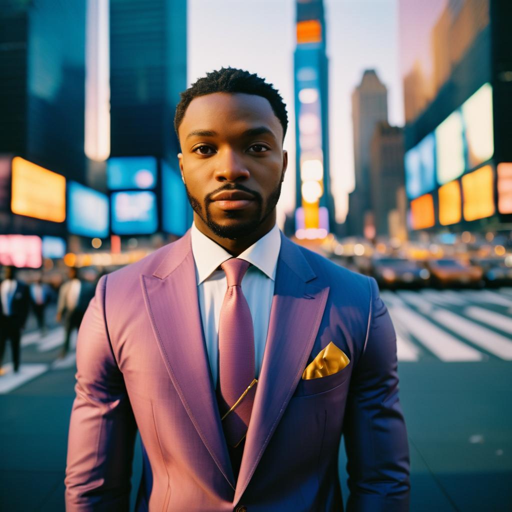 Stylish Man in Purple Suit at Times Square