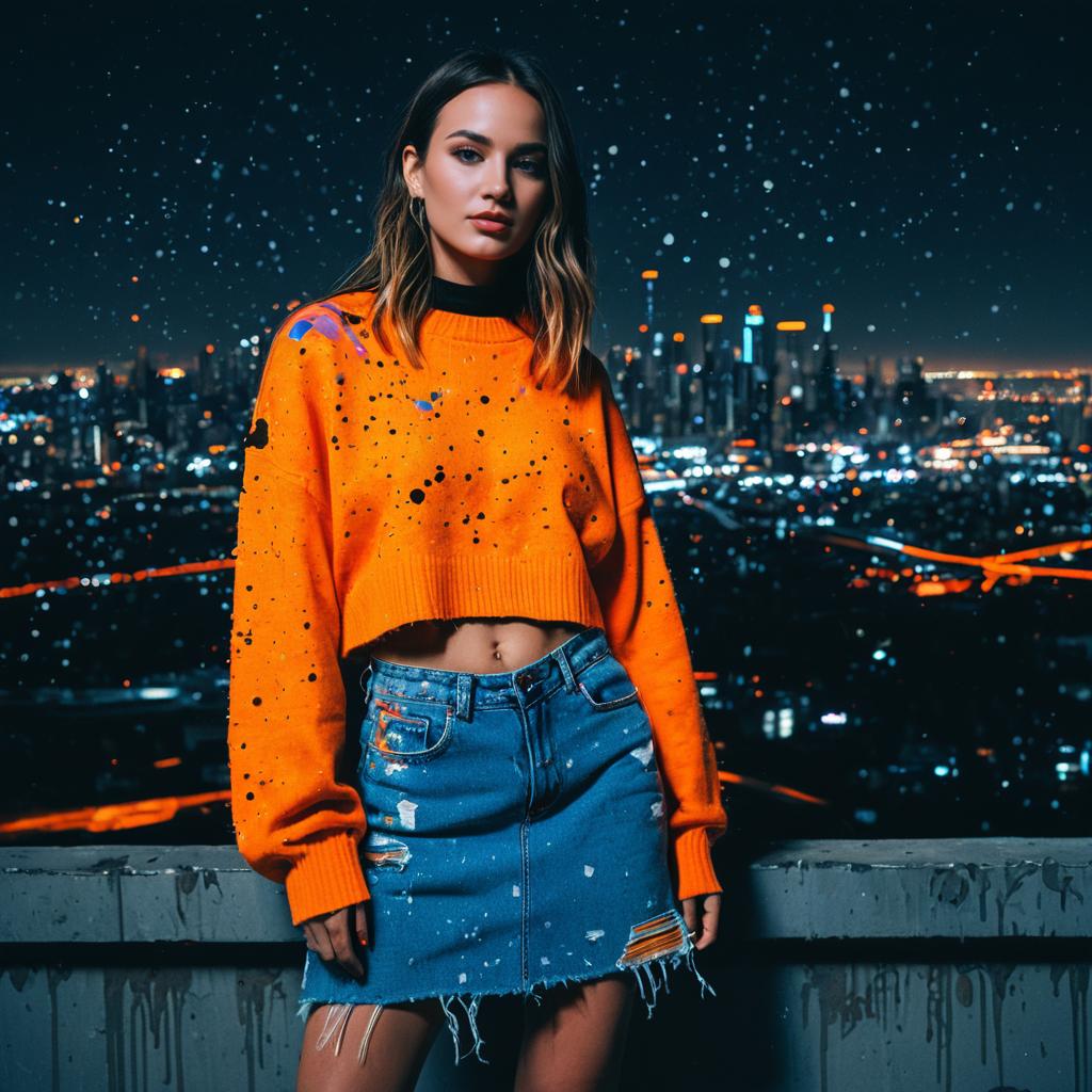 Stylish Woman in Orange Cropped Sweater and Denim Skirt Against City Nightscape