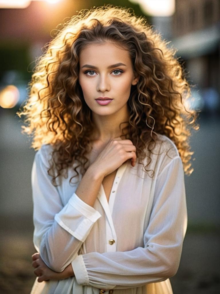 Young Woman with Curly Hair in Dreamy Glow