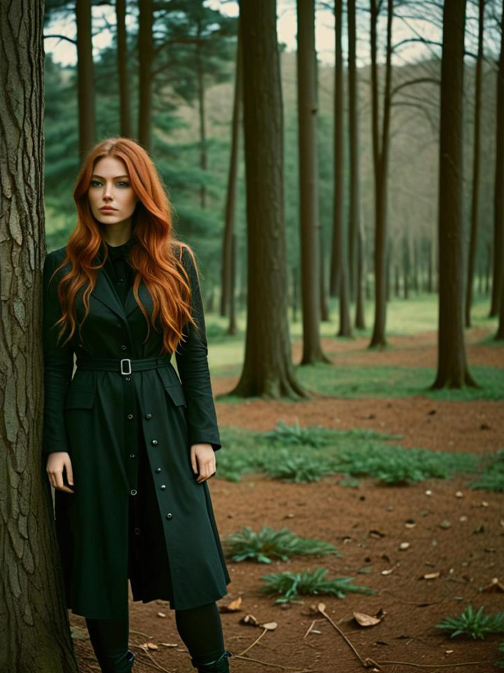 Red-haired Woman in Black Coat by Tall Tree