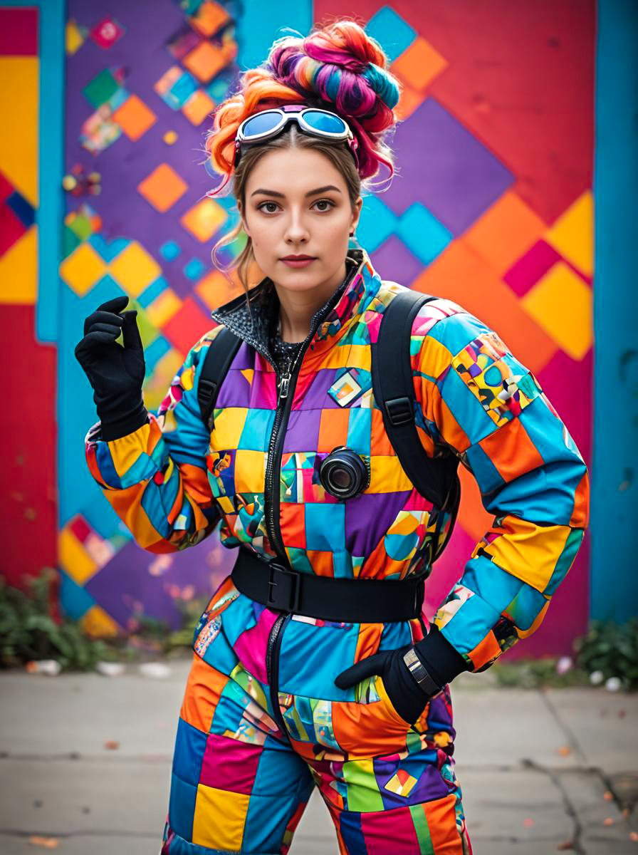 Stylish woman with camera against colorful mural