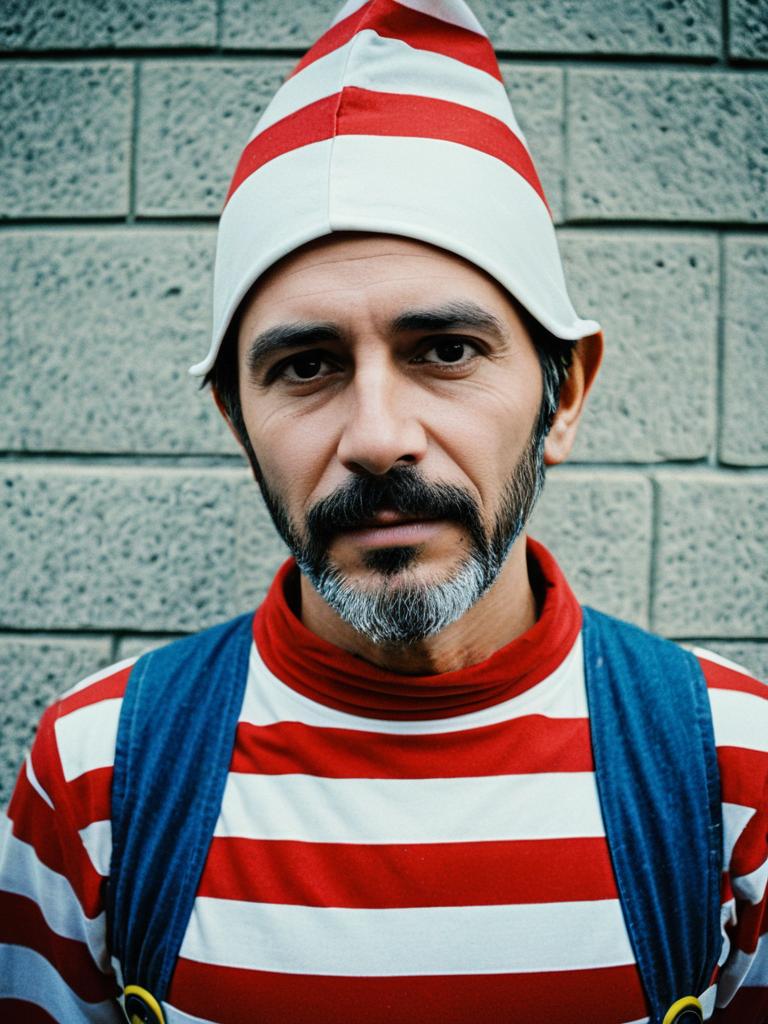 Man in Waldo Costume Editorial Cosplay Portrait with Sharp Textures