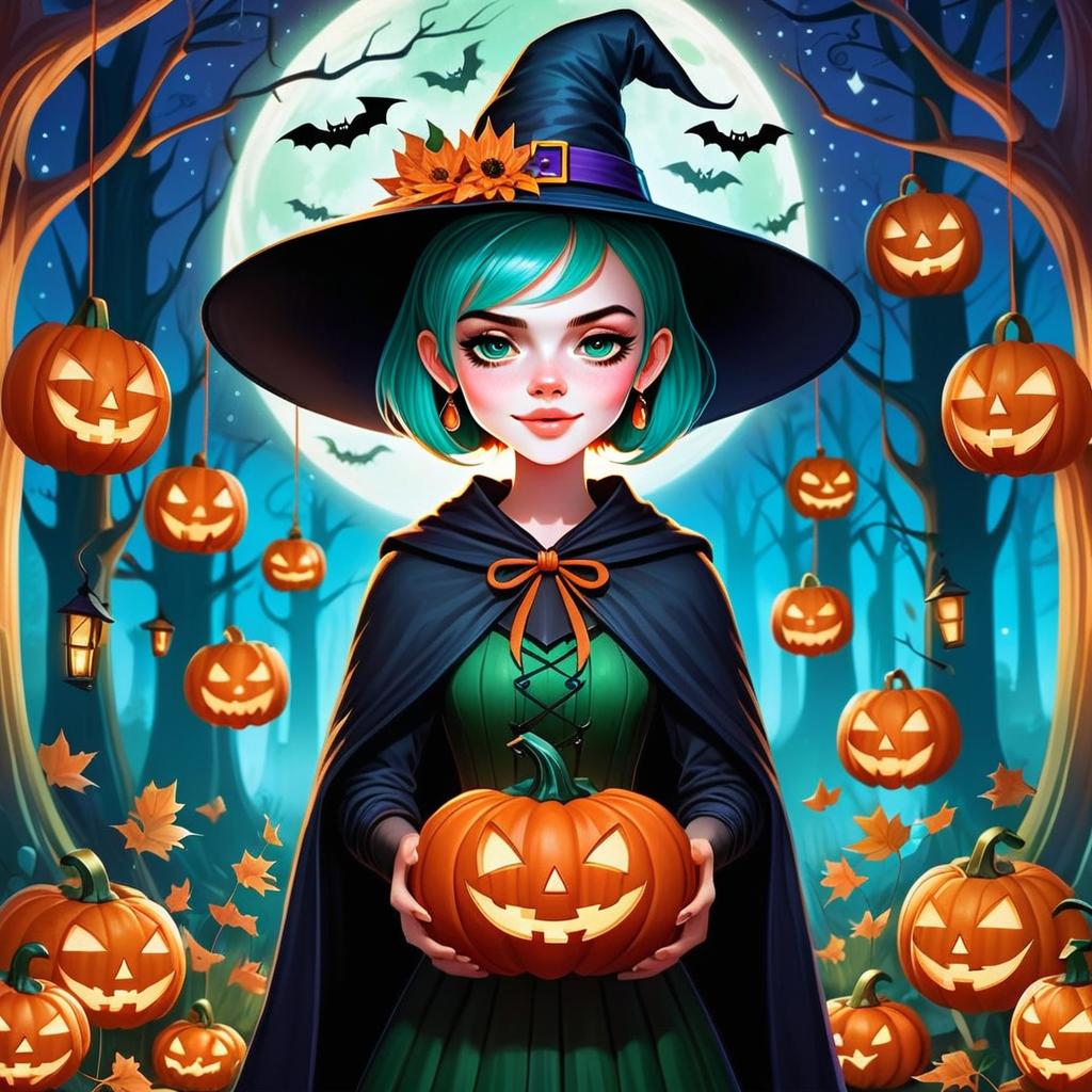 Witch with Teal Hair and Jack-o'-Lantern in Spooky Forest
