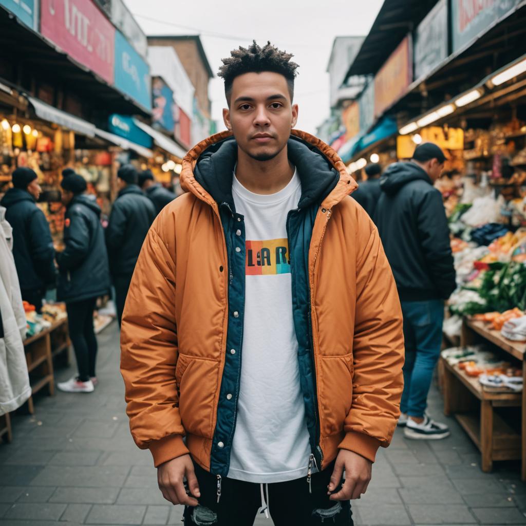 Confident Man in Trendy Orange Jacket at Market