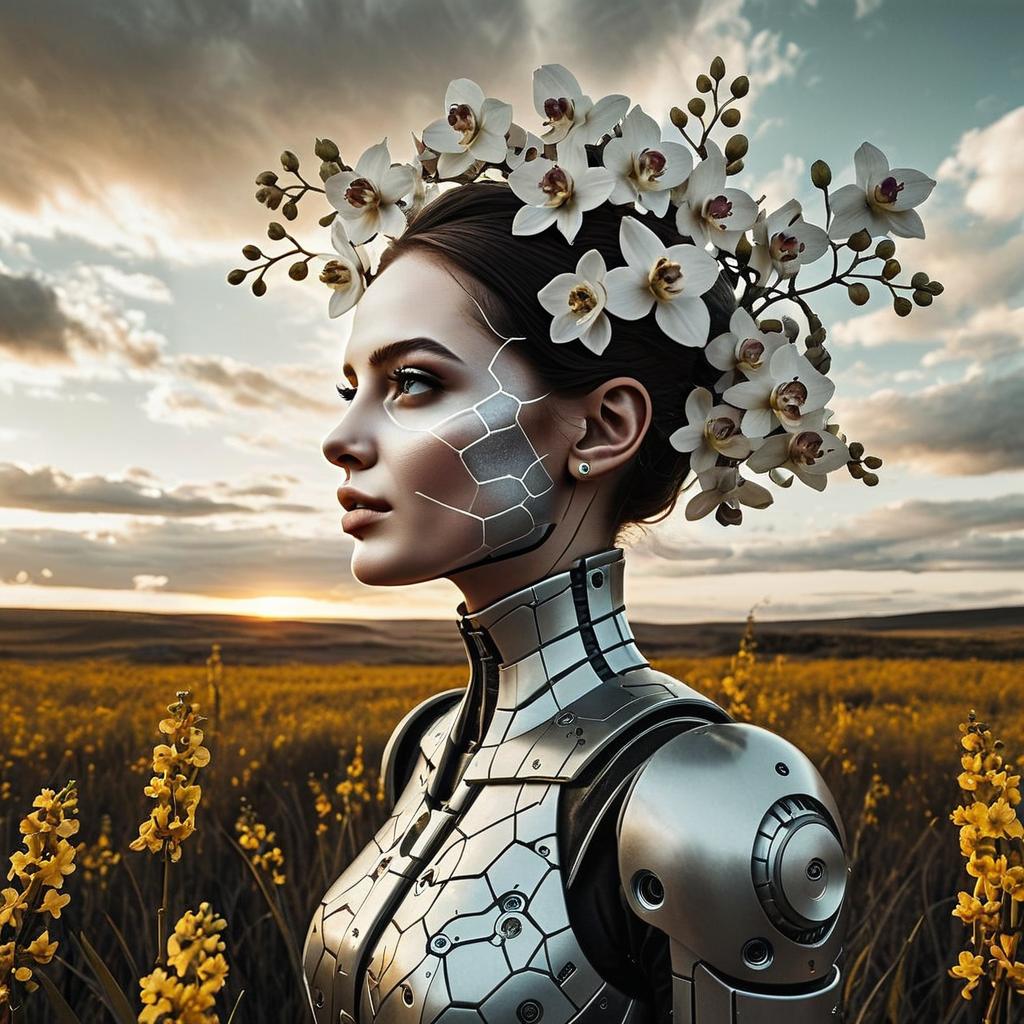 Futuristic Woman with Cybernetic Armor and Orchid Crown in Flower Field