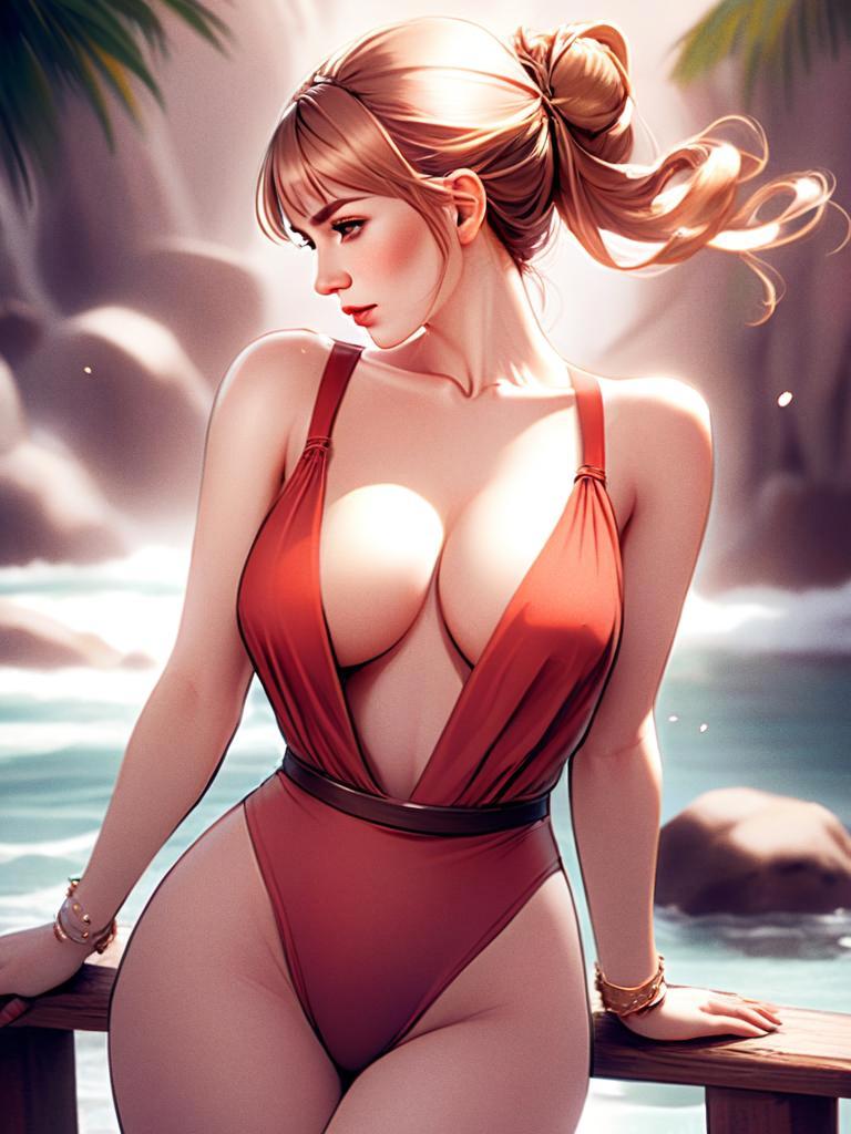Digital Art of Woman in Red Swimsuit by Water - Stylish Portrait Illustration