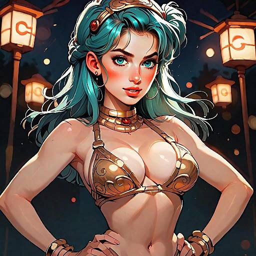 Fantasy Woman with Turquoise Hair in Gold Bikini Digital Art