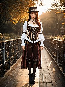 Woman in Steampunk Lady Costume Full Body Cosplay Photo with Corset