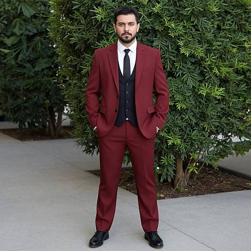 Confident Man in Maroon Suit with Black Vest Outdoors