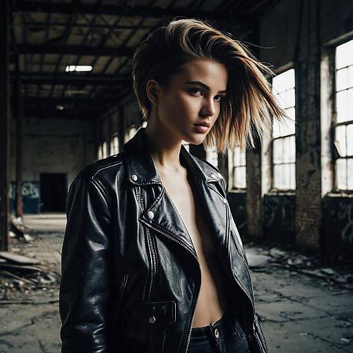 Young Woman in Black Leather Jacket in Abandoned Industrial Building