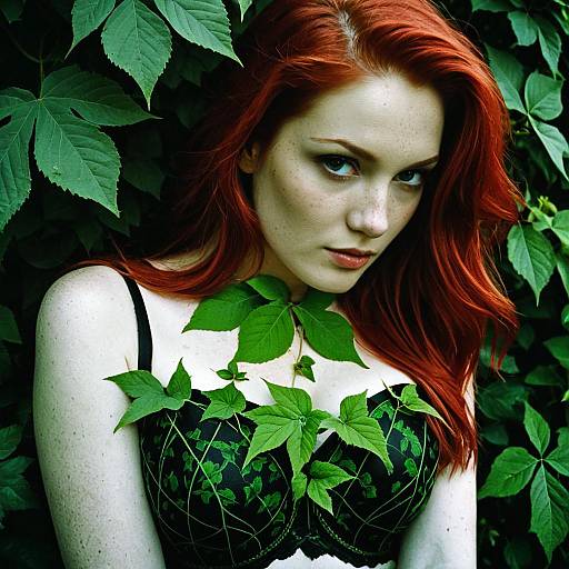 Red-Haired Woman Surrounded by Poison Ivy Leaves in Artistic Portrait