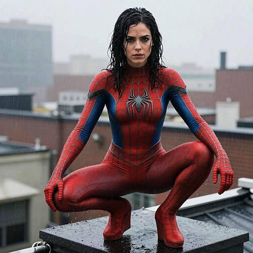Woman in Spider-Man Style Costume Crouching on Rooftop in Rain