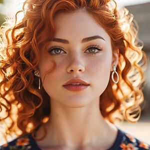 Young Woman with Red Curly Hair and Green Eyes