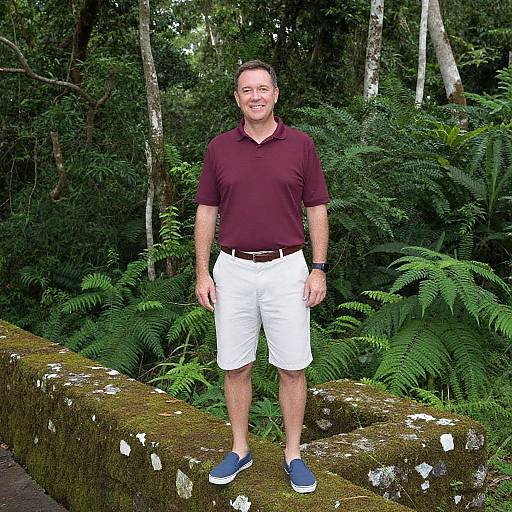 Man Standing on Mossy Stone Structure in Dense Forest