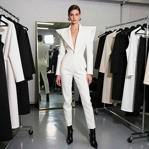 Modern White Angular Shoulder Jumpsuit Fashion Model in Fitting Room