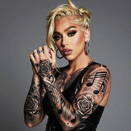 Tattooed Woman with Rose and Music Note Sleeve - Edgy Modern Portrait