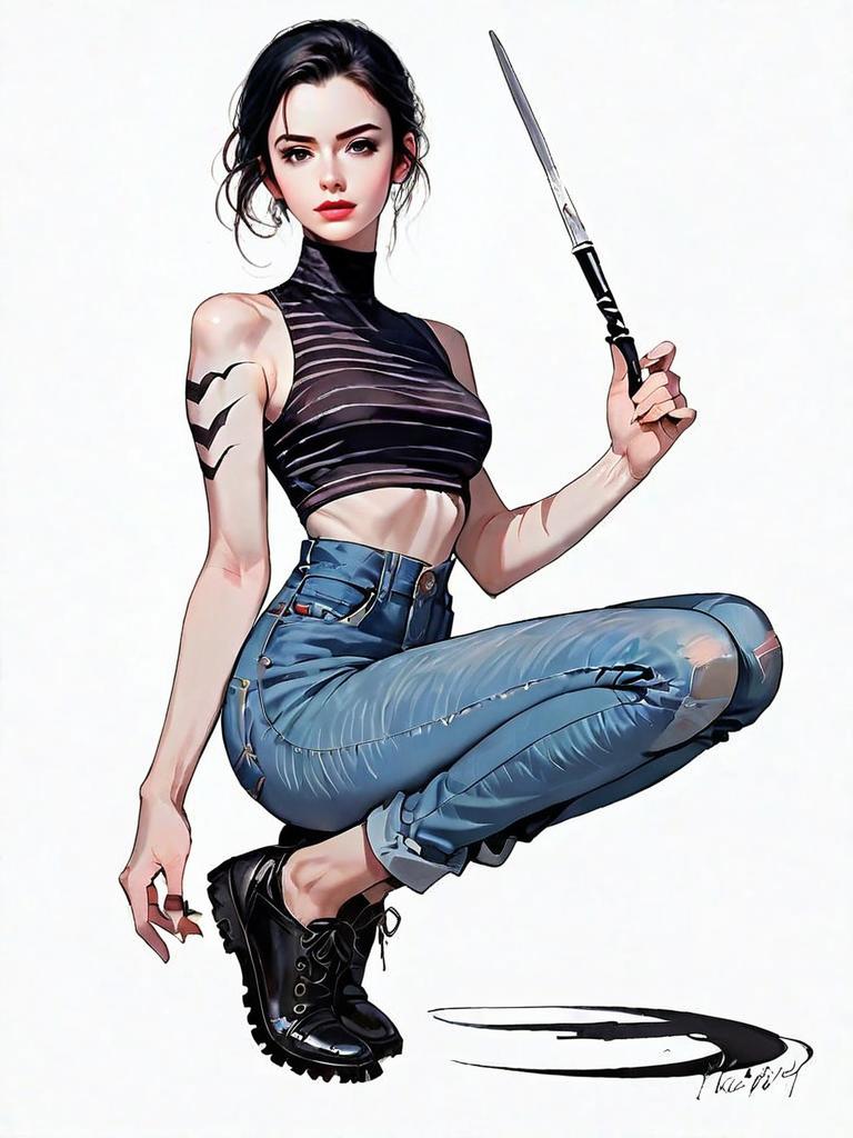Realistic Comic Style Woman Full Body Portrait with Dagger in Modern Outfit