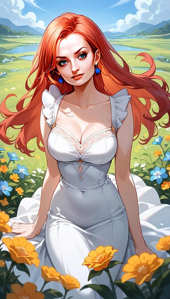 Red Haired Woman in White Dress Sitting in Colorful Flower Field Anime Illustration