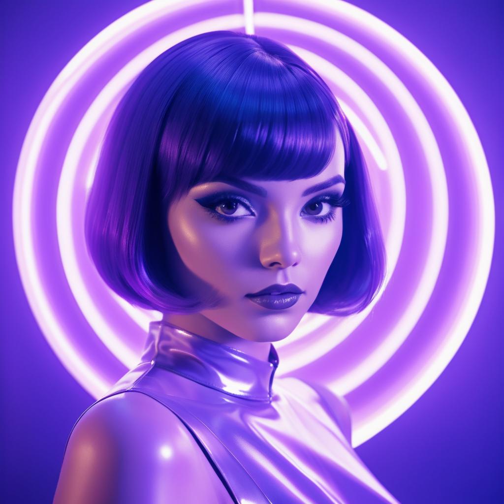 Confident Woman in Futuristic Outfit with Neon Lights