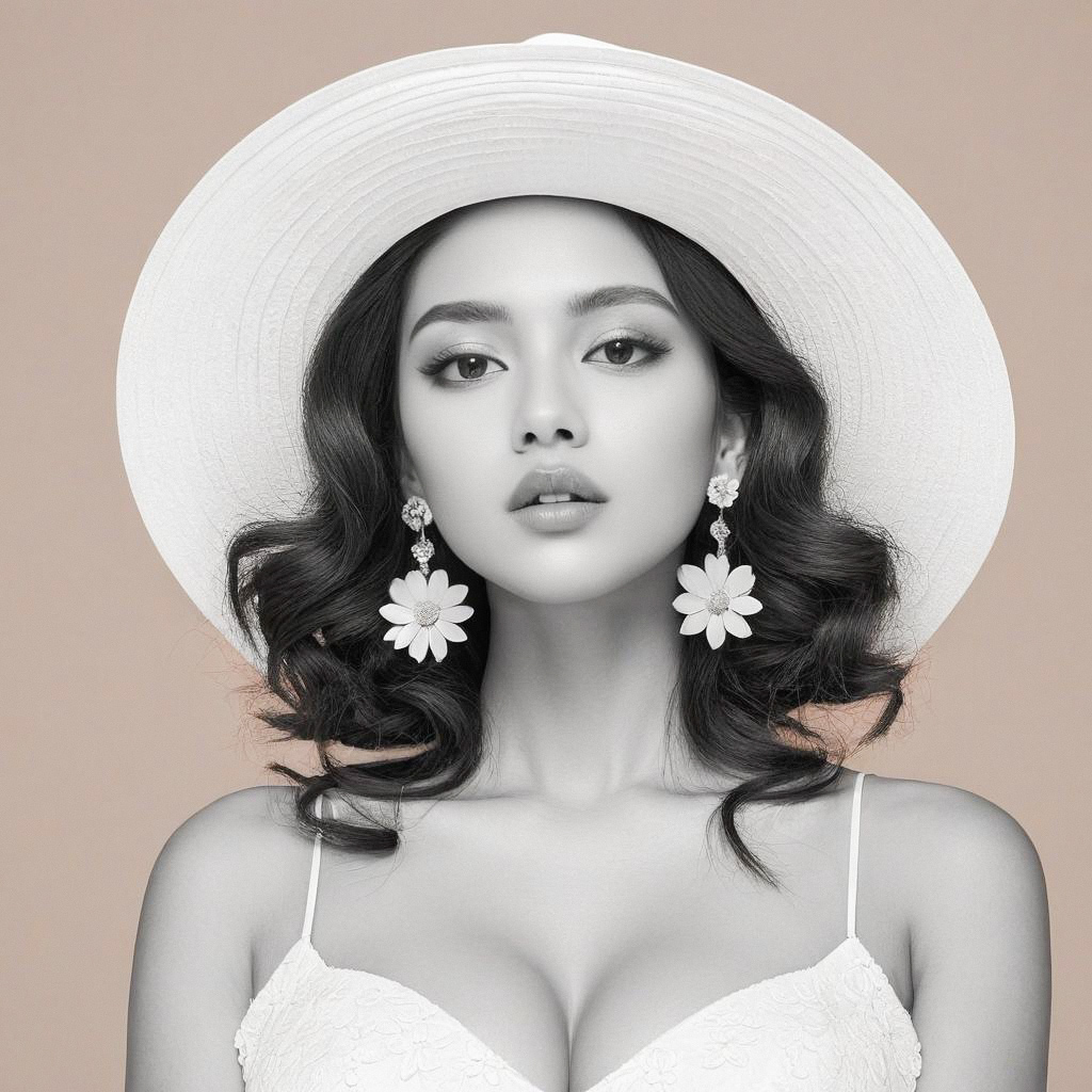 Elegant Woman in White Hat - Black and White Portrait